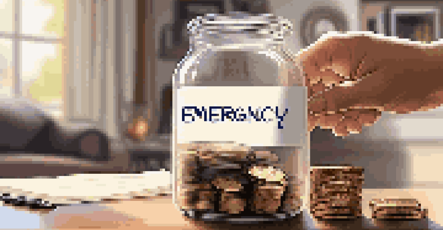 A hand is placing coins into a clear jar labeled 'Emergency Fund', filled with coins, set against a cozy living room background. A notebook and pen are visible, highlighting the theme of saving.