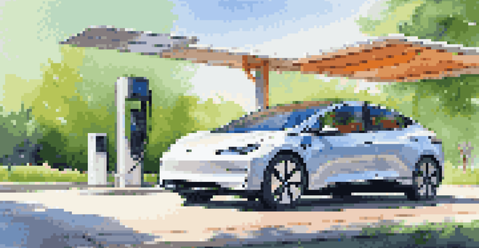 A modern electric vehicle charging at a station surrounded by nature, with solar panels and a wind turbine in the background under a sunny sky.