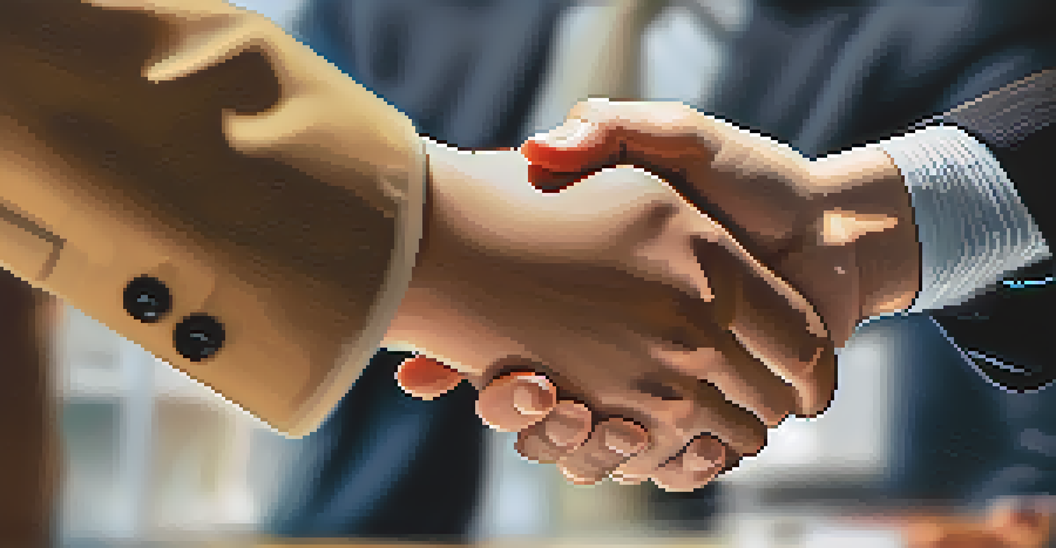 A close-up of two hands shaking, symbolizing respectful agreement and collaboration in a legal office environment.