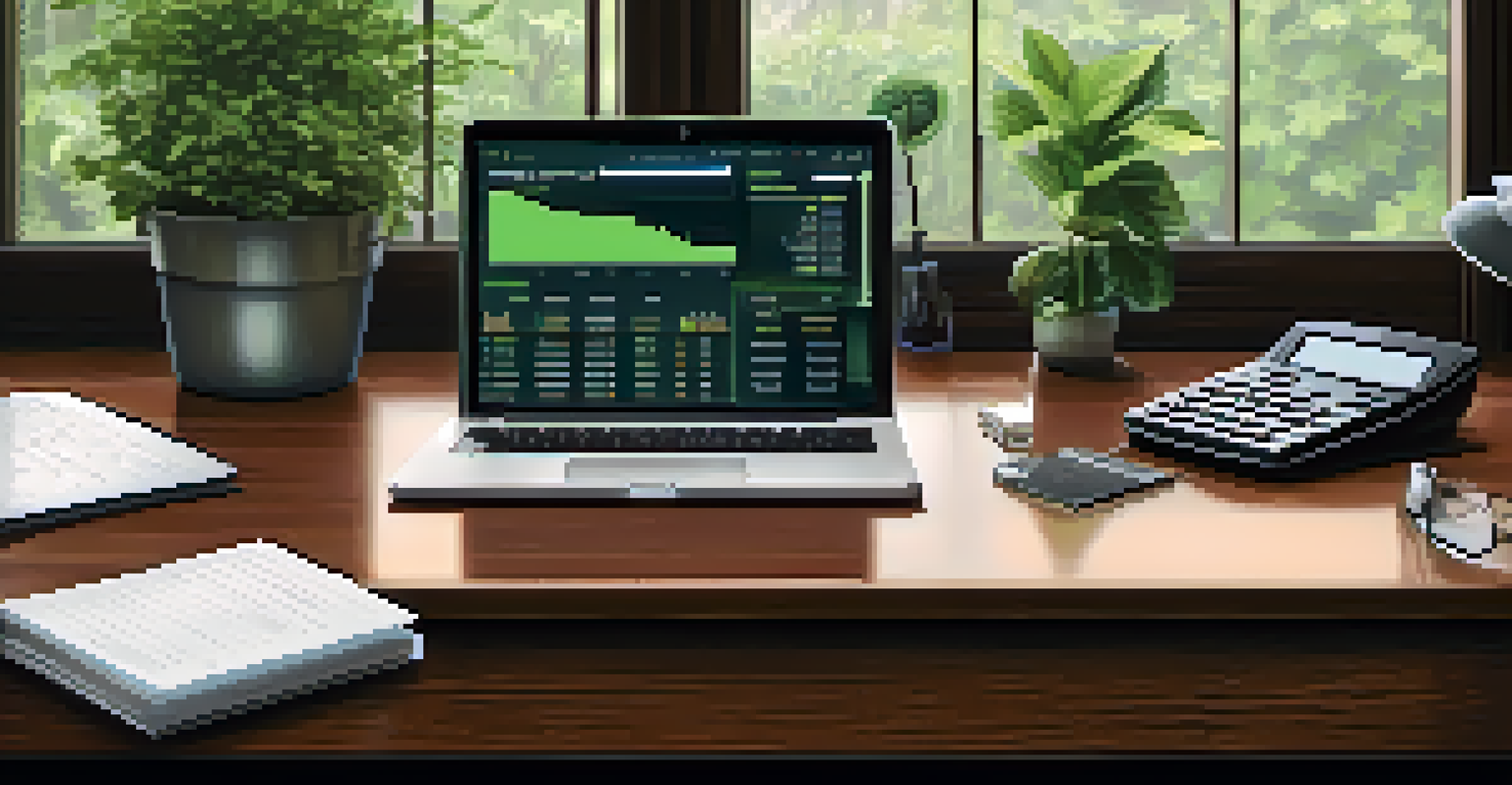 A close-up of a desk with a laptop and financial planning tools.