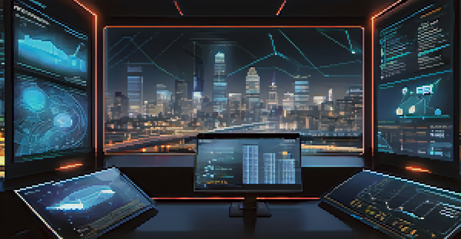 A futuristic digital dashboard displaying risk metrics against a blurred city skyline at night.