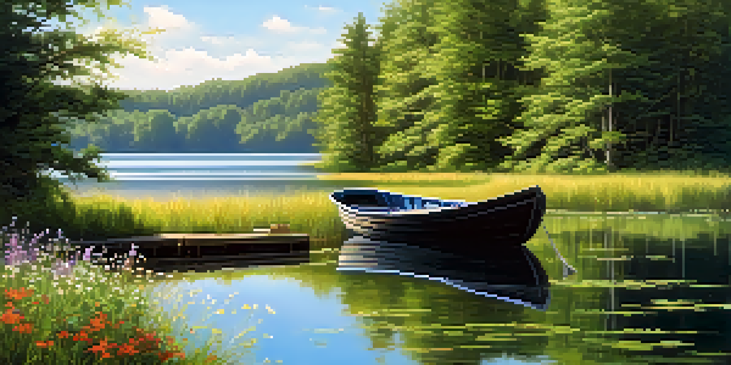 A peaceful lake scene with a wooden boat and vibrant wildflowers, surrounded by green forests and a clear blue sky.