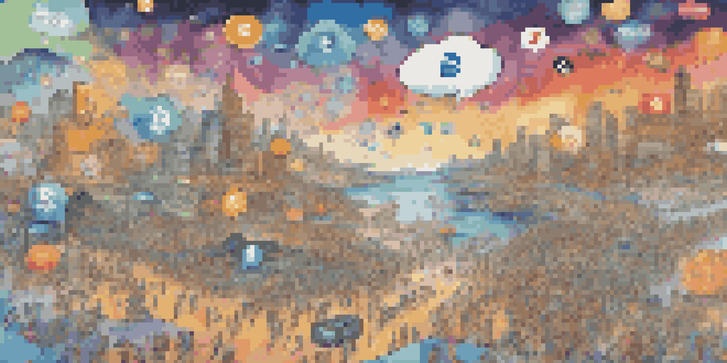 A vibrant digital scene with cryptocurrency logos and colorful speech bubbles illustrating social media discussions.