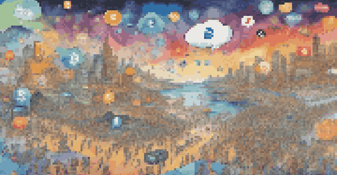 A vibrant digital scene with cryptocurrency logos and colorful speech bubbles illustrating social media discussions.