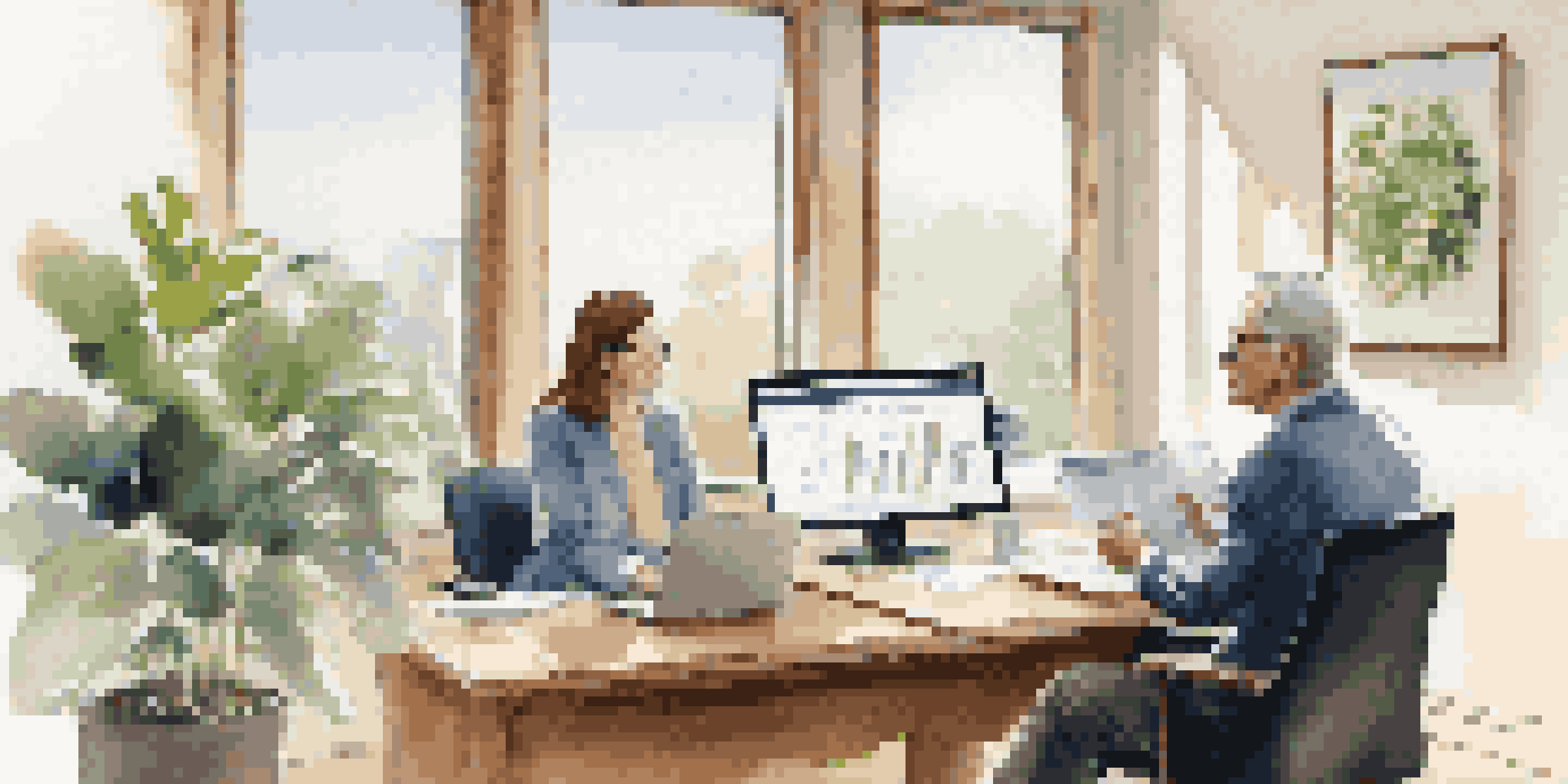 A financial advisor and a client discussing retirement account rollovers in a bright office with charts and plants.