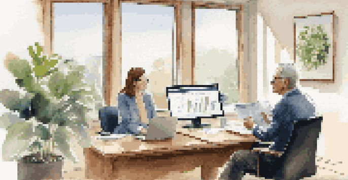 A financial advisor and a client discussing retirement account rollovers in a bright office with charts and plants.