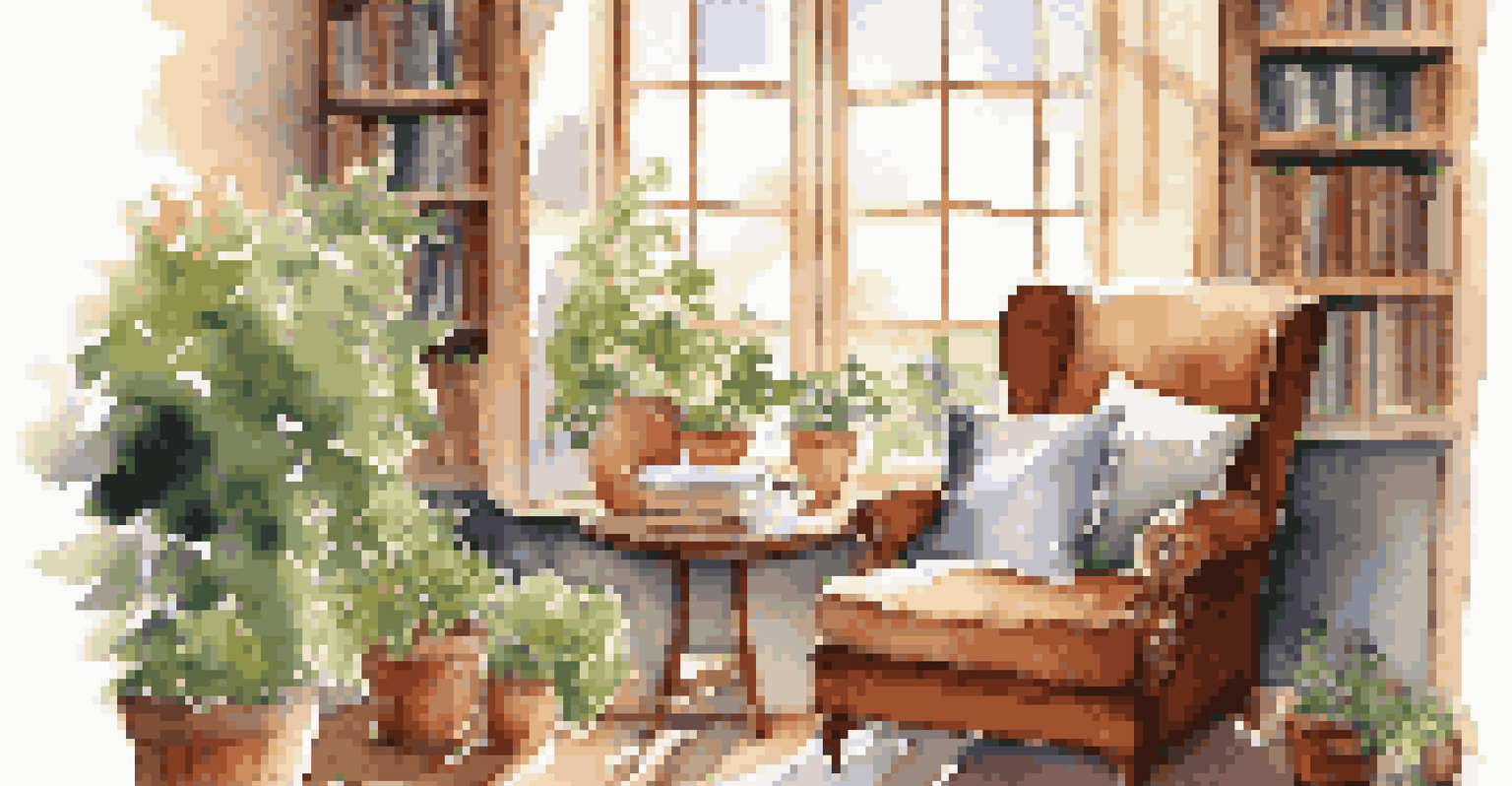 A cozy reading nook with sunlight, a comfortable chair, a cup of tea, and an open book.