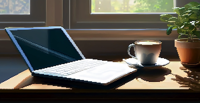 A cozy workspace with a wooden desk, laptop, notepad, and a cup of coffee, illuminated by natural light from a window.