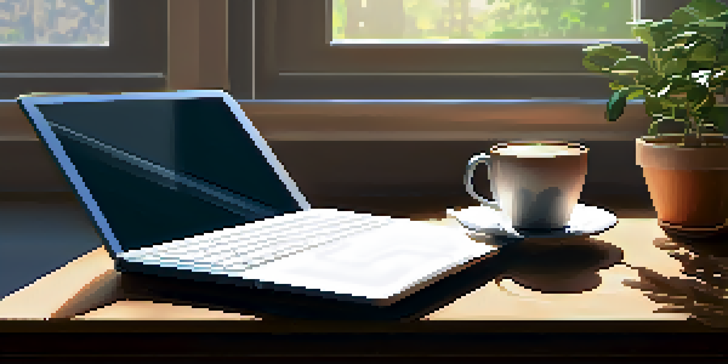 A cozy workspace with a wooden desk, laptop, notepad, and a cup of coffee, illuminated by natural light from a window.