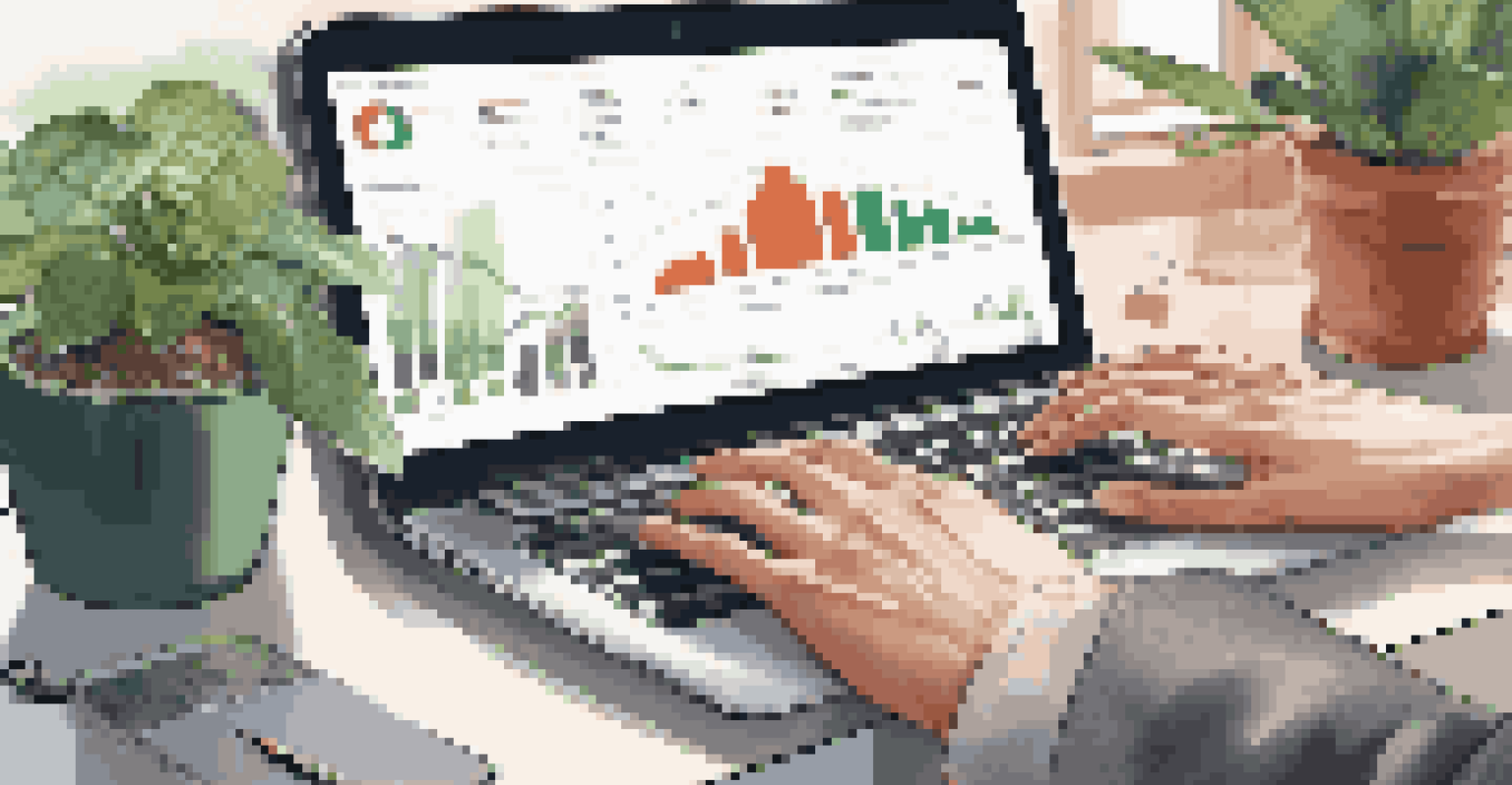Close-up of hands typing on a laptop with market trends on the screen in a modern office.