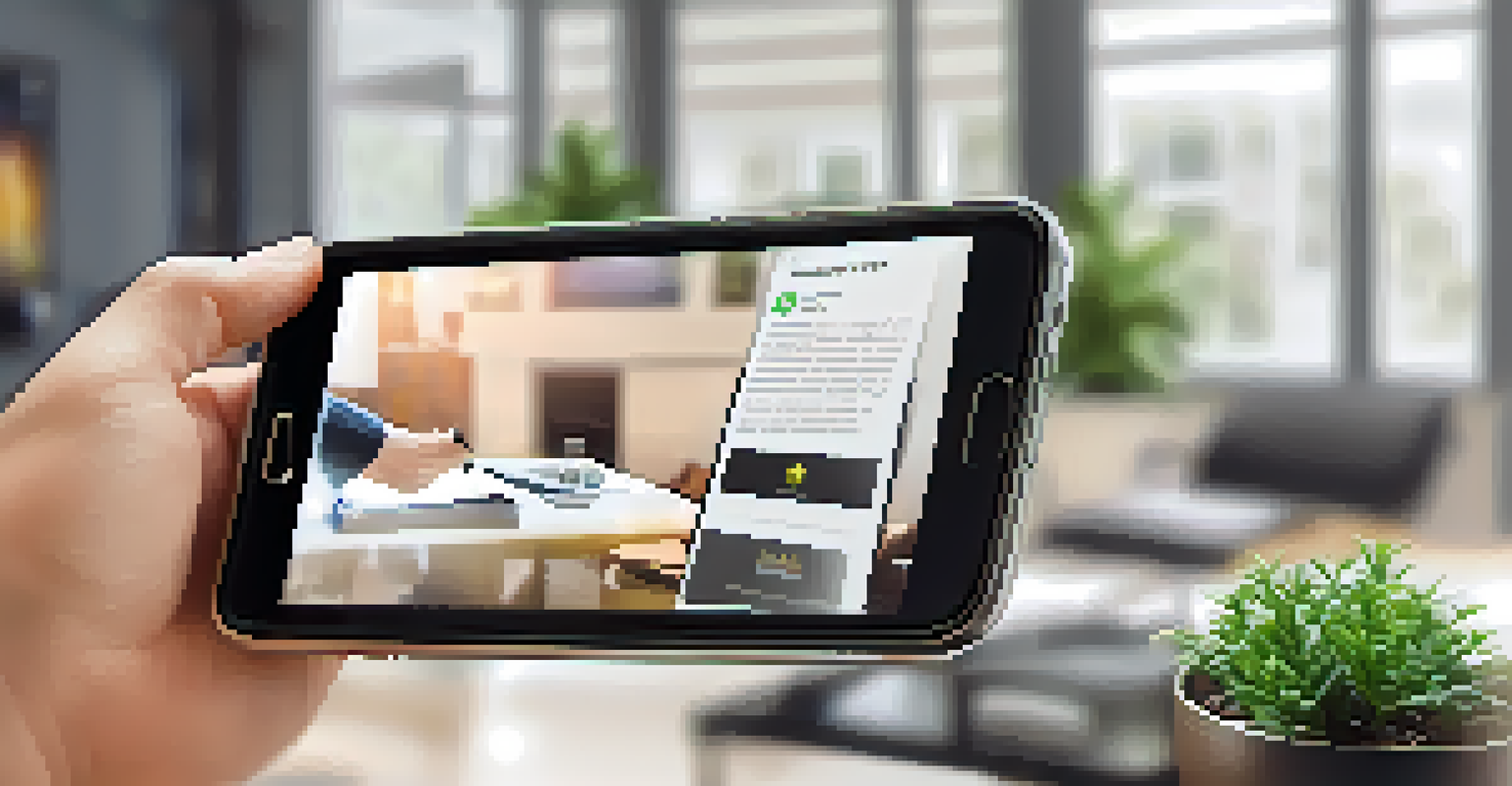 A hand holding a smartphone that displays financial advisor reviews, set against a blurred home office background.