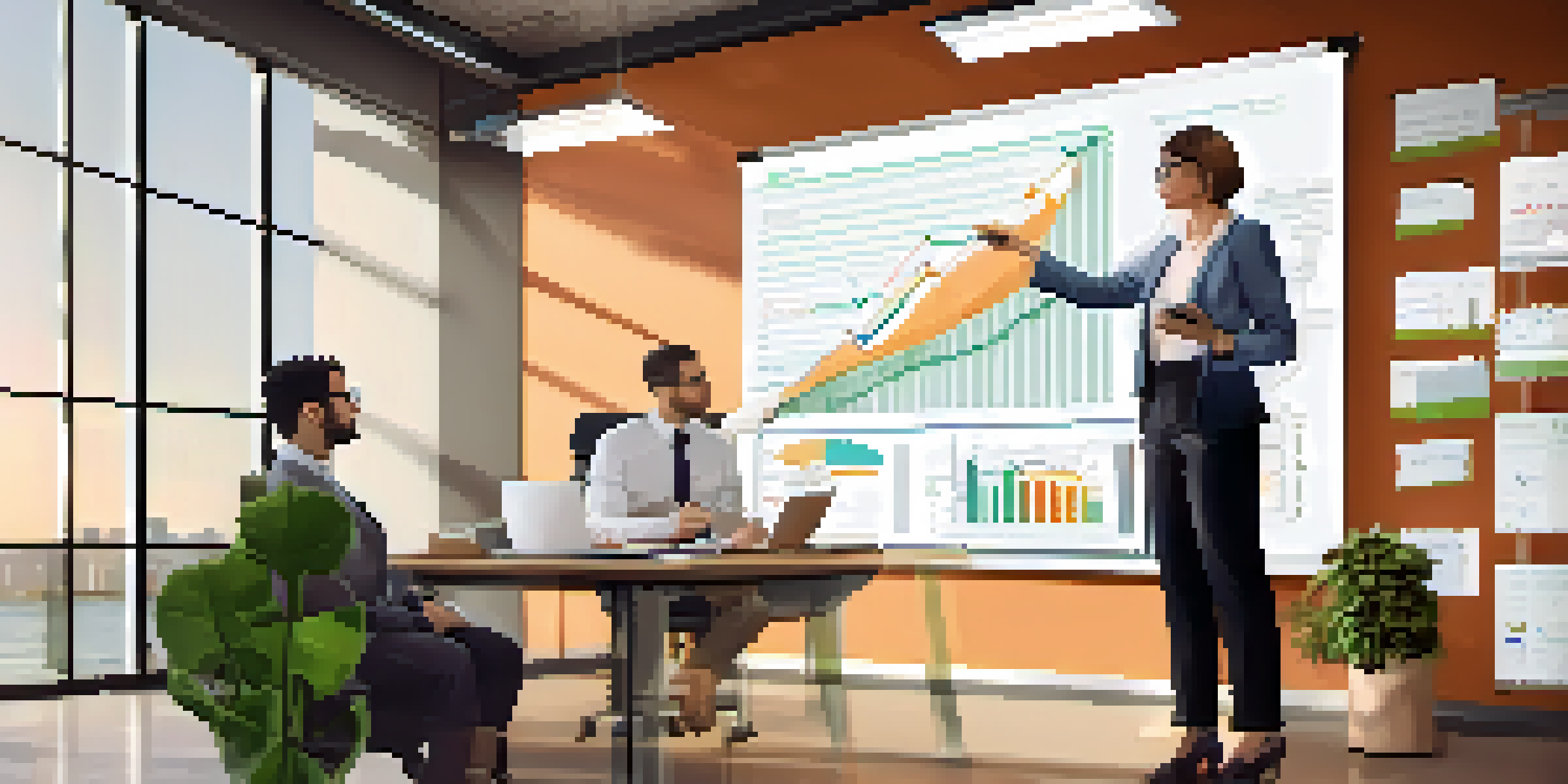 A financial coach and client in a bright office, reviewing market trends on a whiteboard filled with charts.