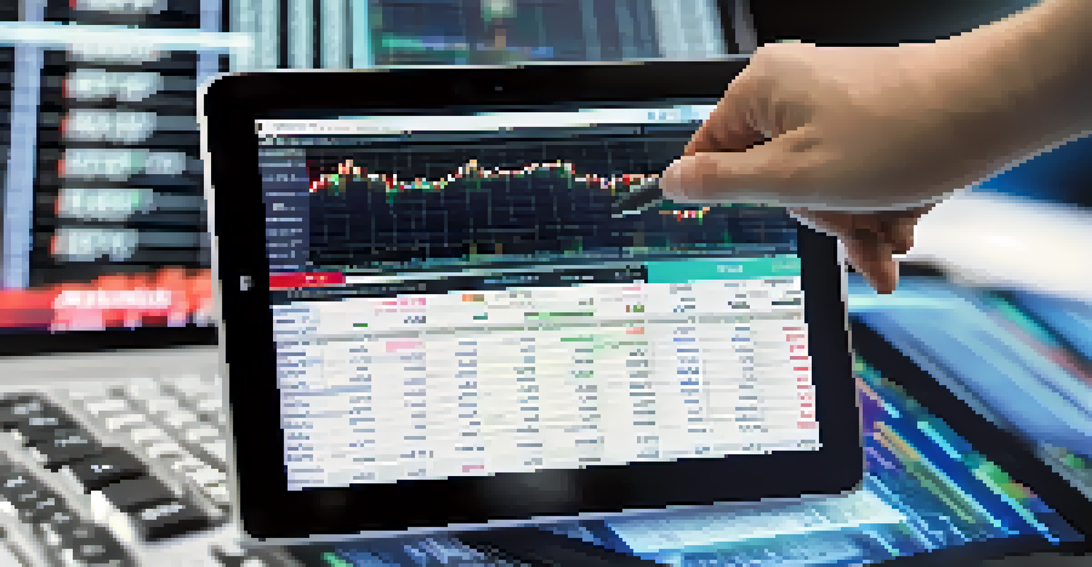 A close-up of a stock market report on a tablet being analyzed, with a blurred bustling trading floor in the background.