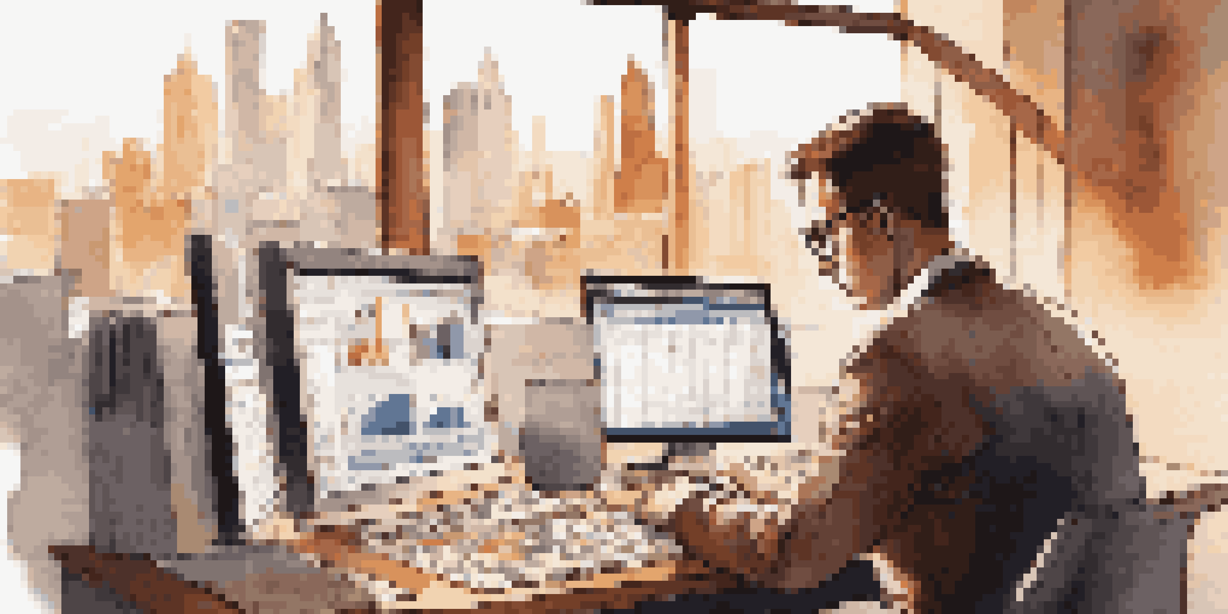 A financial analyst focused on a computer surrounded by documents, with city skyline visible through the window.