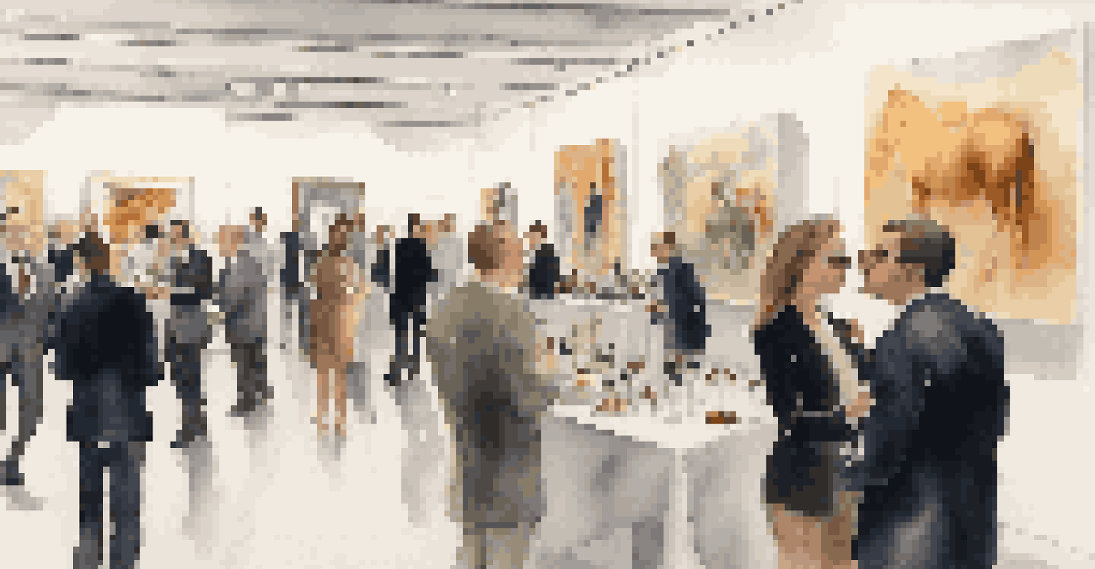 A sophisticated corporate event in a modern art gallery with professionals networking among contemporary artworks, accompanied by soft lighting and stylish decor.