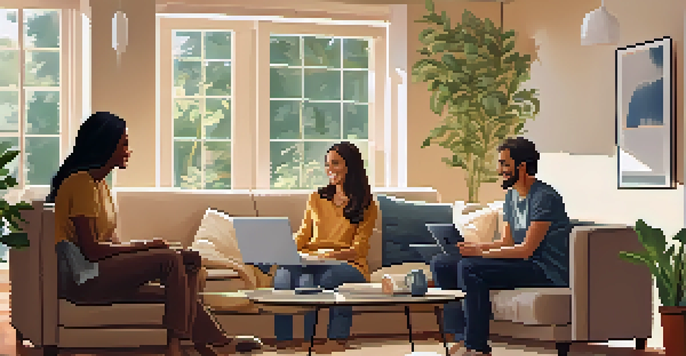 A family in a cozy living room discussing their budget with a laptop open, surrounded by family photos and a plant.