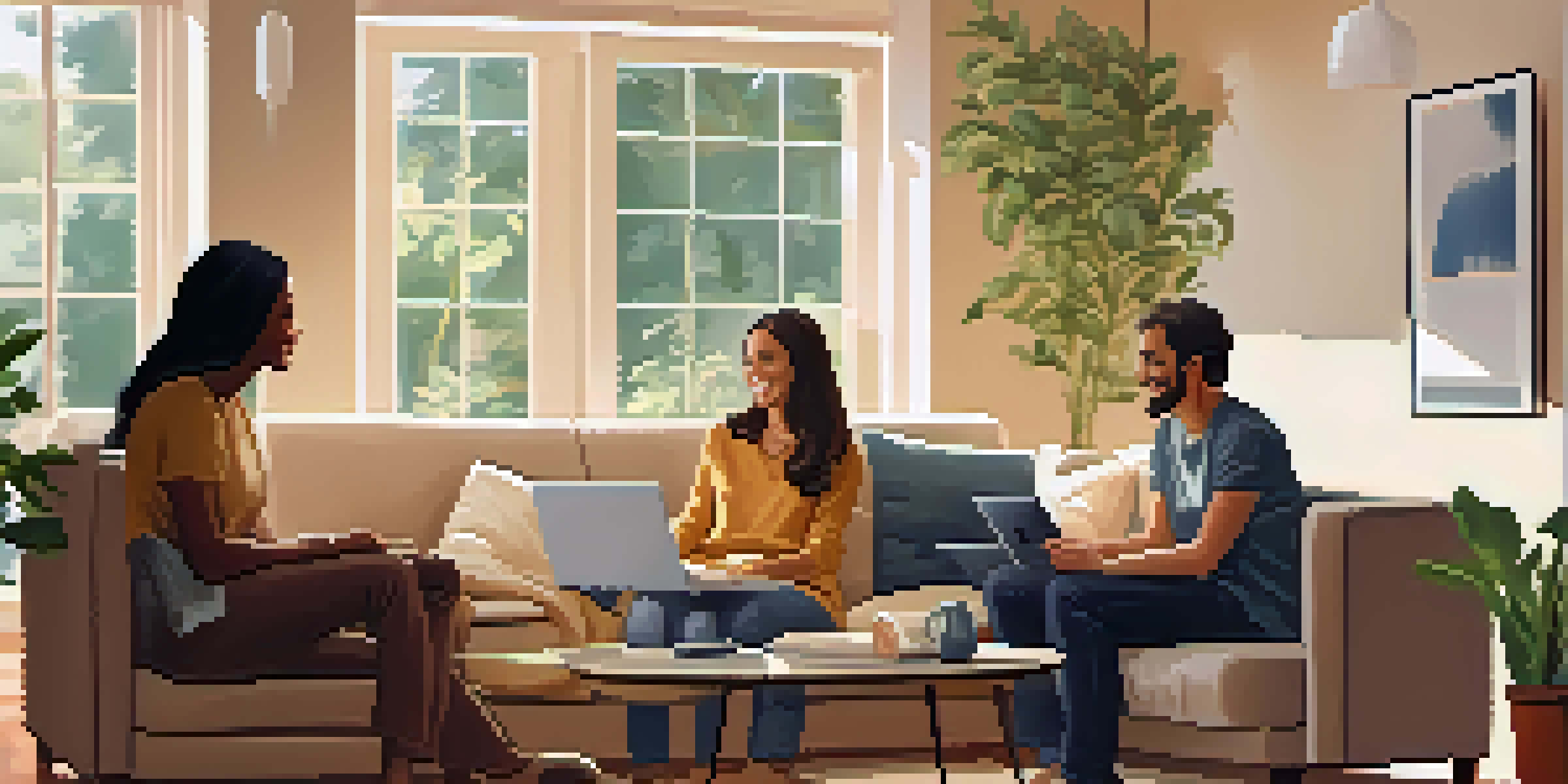 A family in a cozy living room discussing their budget with a laptop open, surrounded by family photos and a plant.