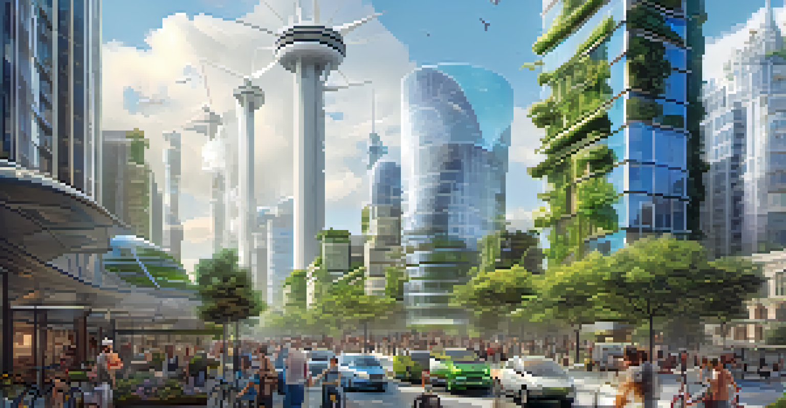 A futuristic cityscape powered by renewable energy, featuring solar panels, wind turbines, and green spaces, showcasing sustainable urban living.