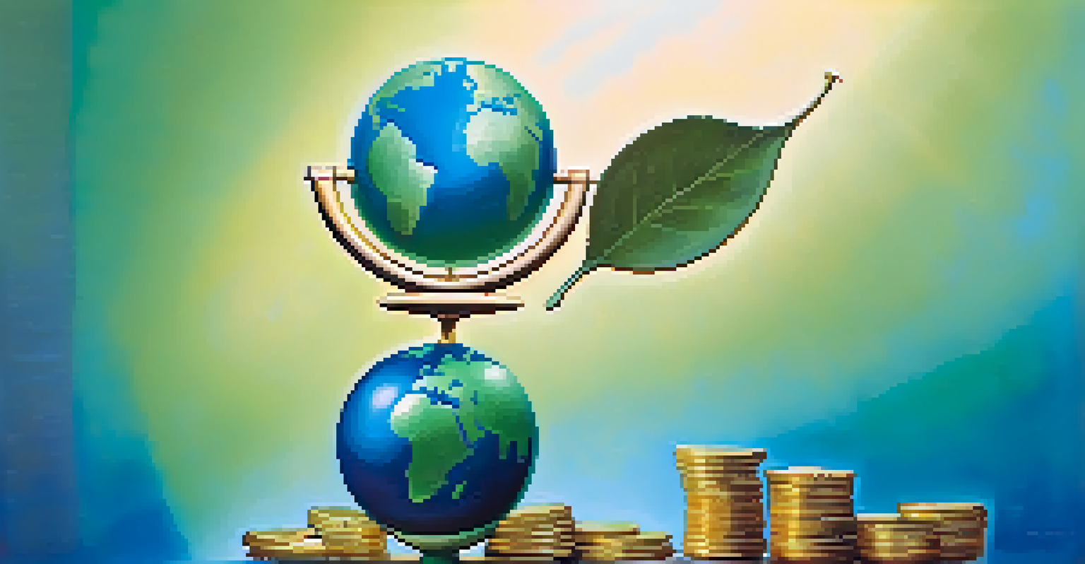 A balanced scale with coins on one side and a globe with a leaf on the other, symbolizing the balance between financial gain and social responsibility.