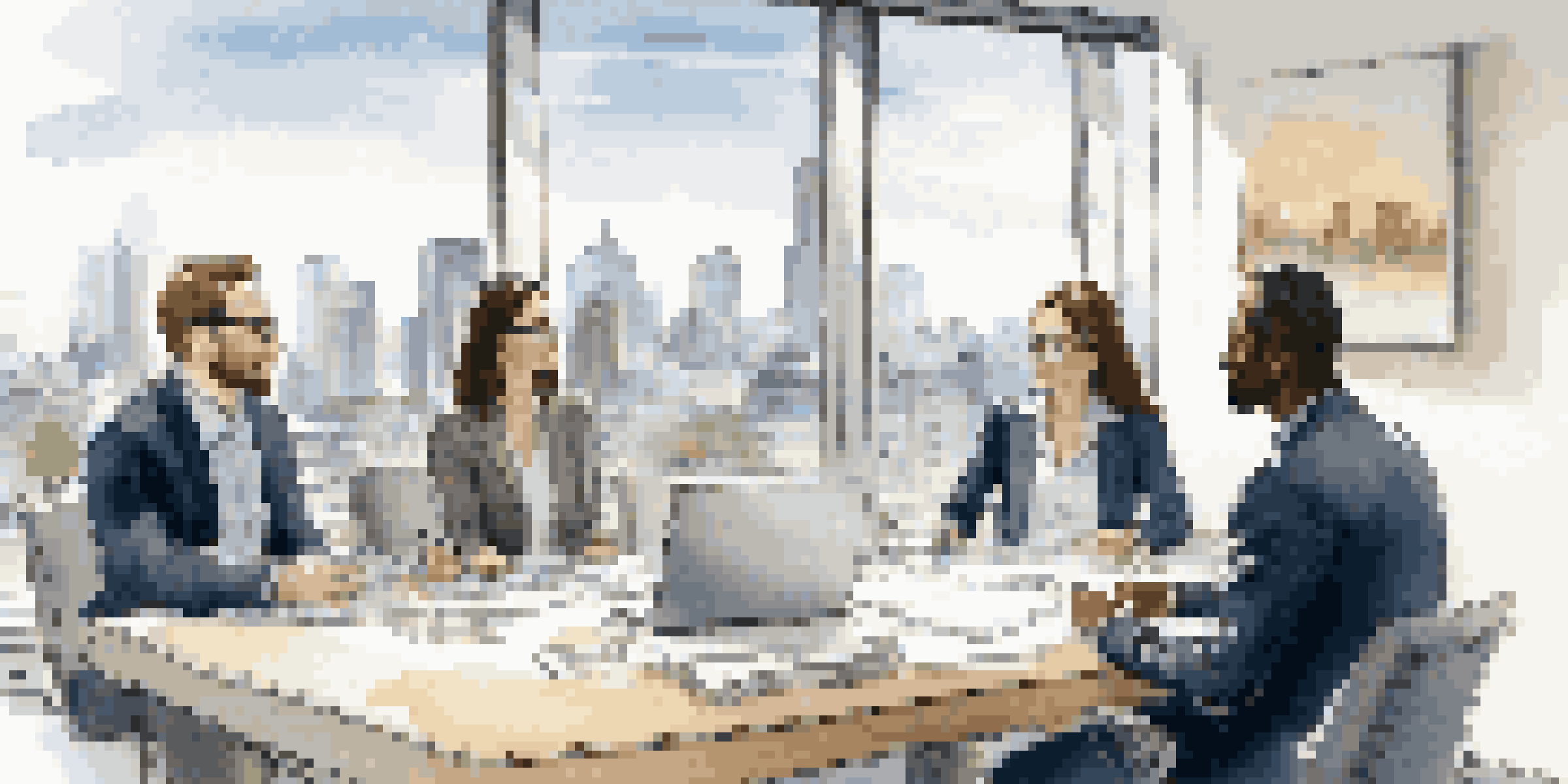 A diverse group of professionals engaged in a constructive feedback discussion in a bright office with a city view.