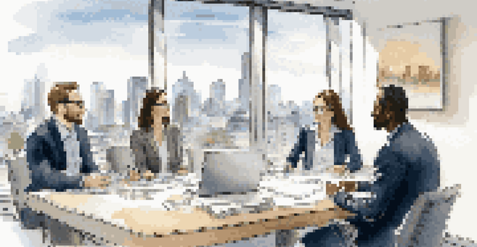 A diverse group of professionals engaged in a constructive feedback discussion in a bright office with a city view.