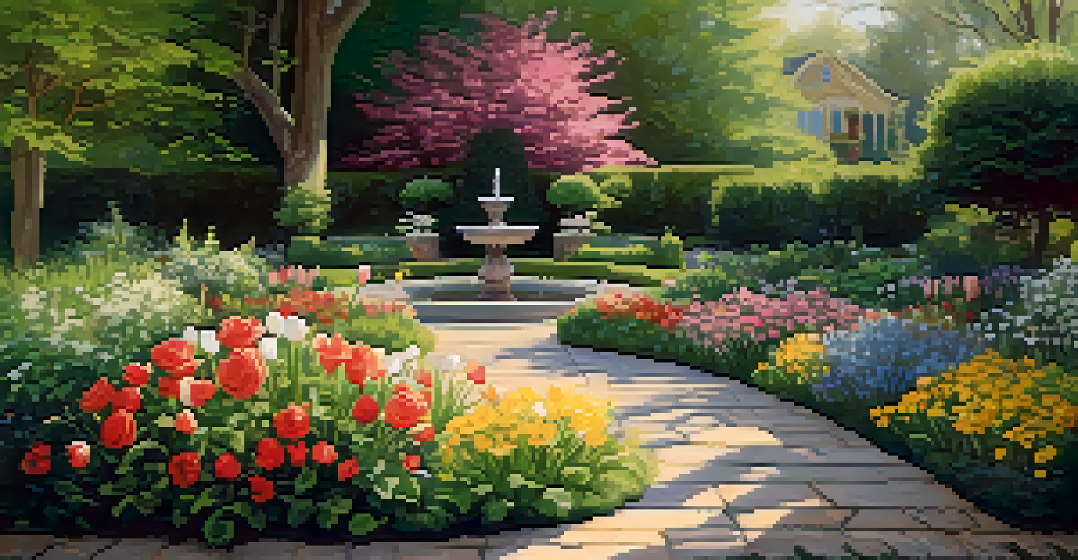 A beautiful garden with colorful flowers, a stone pathway, and a fountain, illuminated by soft sunlight.