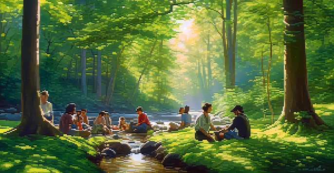 A diverse group of people working together in a lush green forest, planting trees and discussing sustainability, with sunlight filtering through the leaves.