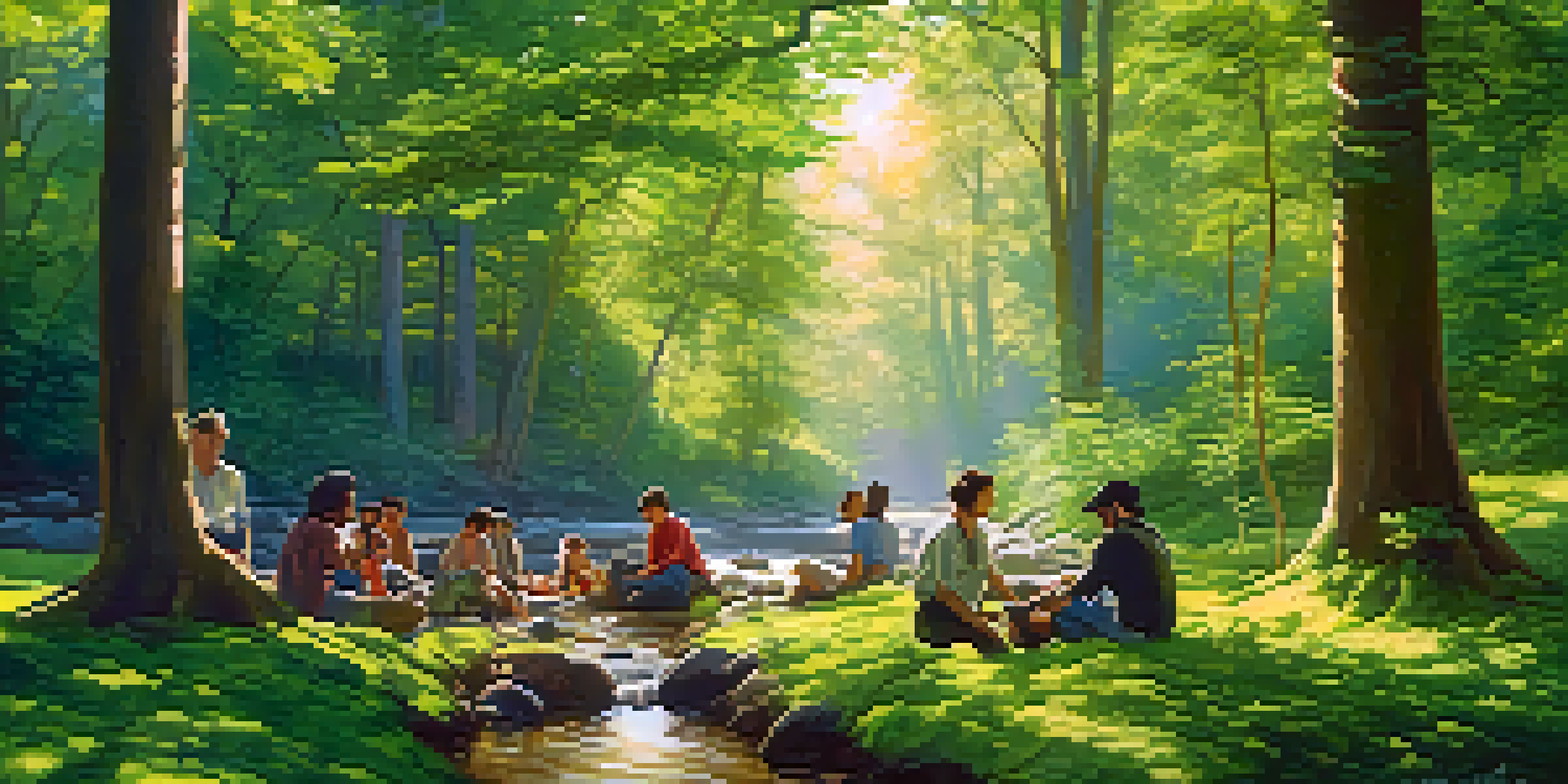 A diverse group of people working together in a lush green forest, planting trees and discussing sustainability, with sunlight filtering through the leaves.