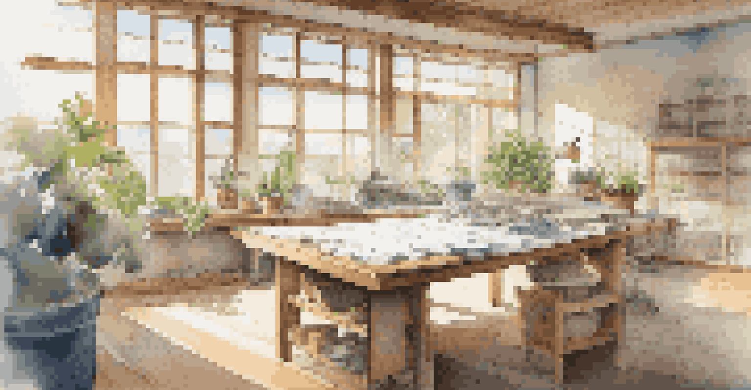 An architect's workspace with blueprints of a sustainable building project, natural light, and construction materials.