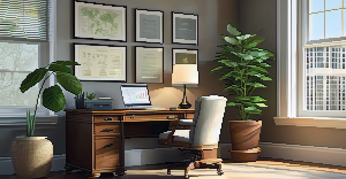 A well-lit financial advisor's office with a wooden desk, a laptop with financial charts, and framed diplomas on the wall.