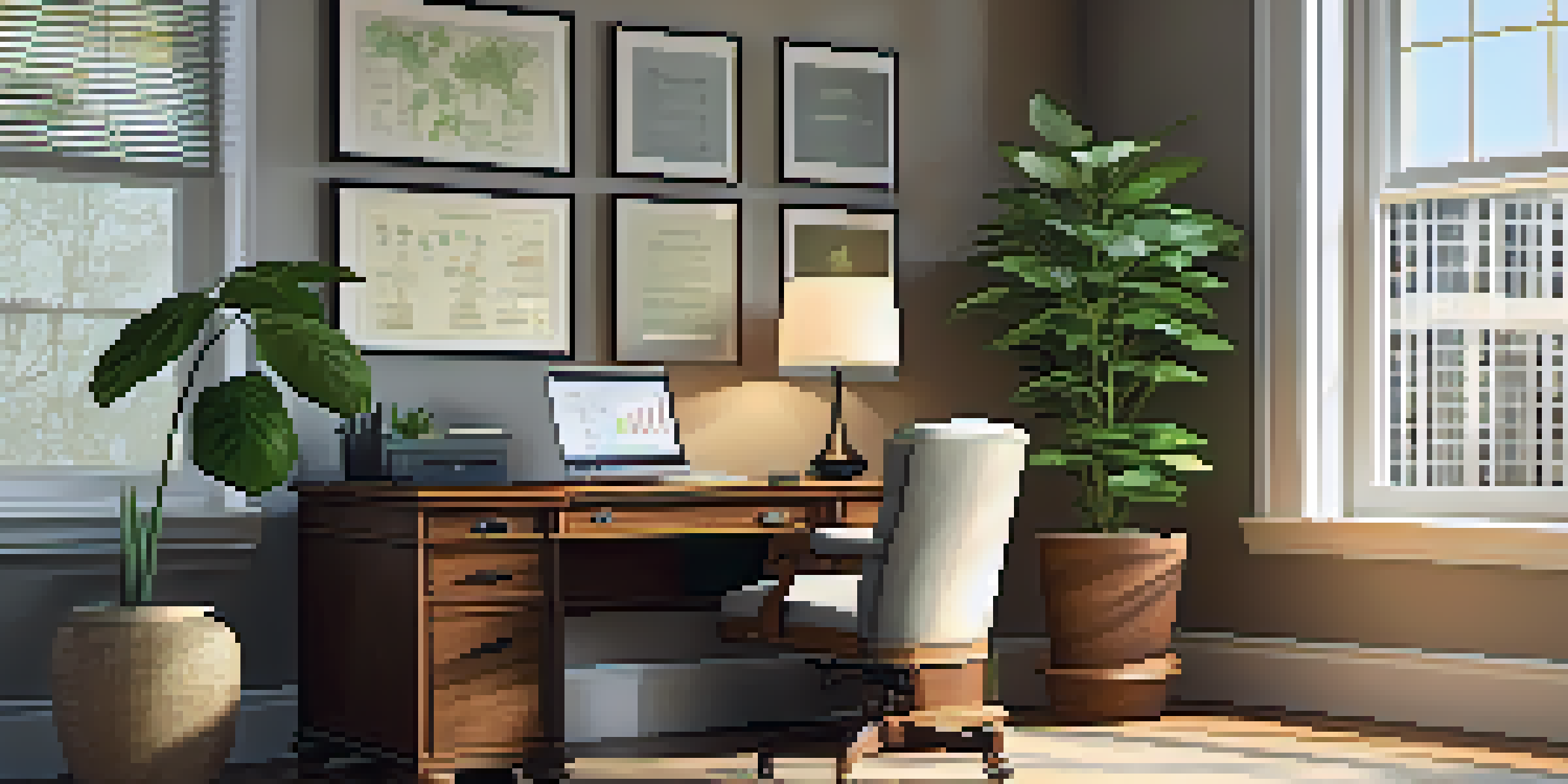 A well-lit financial advisor's office with a wooden desk, a laptop with financial charts, and framed diplomas on the wall.