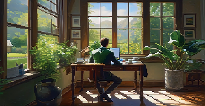 A young investor at a wooden desk, analyzing real estate charts in a sunlit room with a garden view.