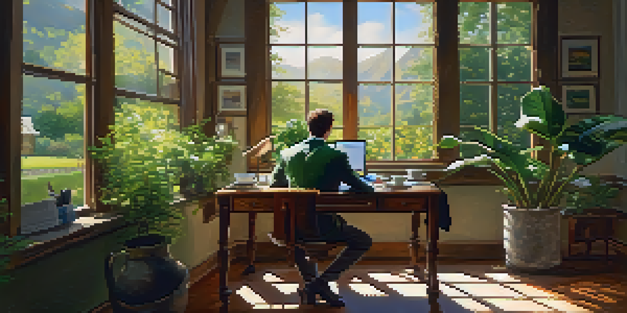 A young investor at a wooden desk, analyzing real estate charts in a sunlit room with a garden view.