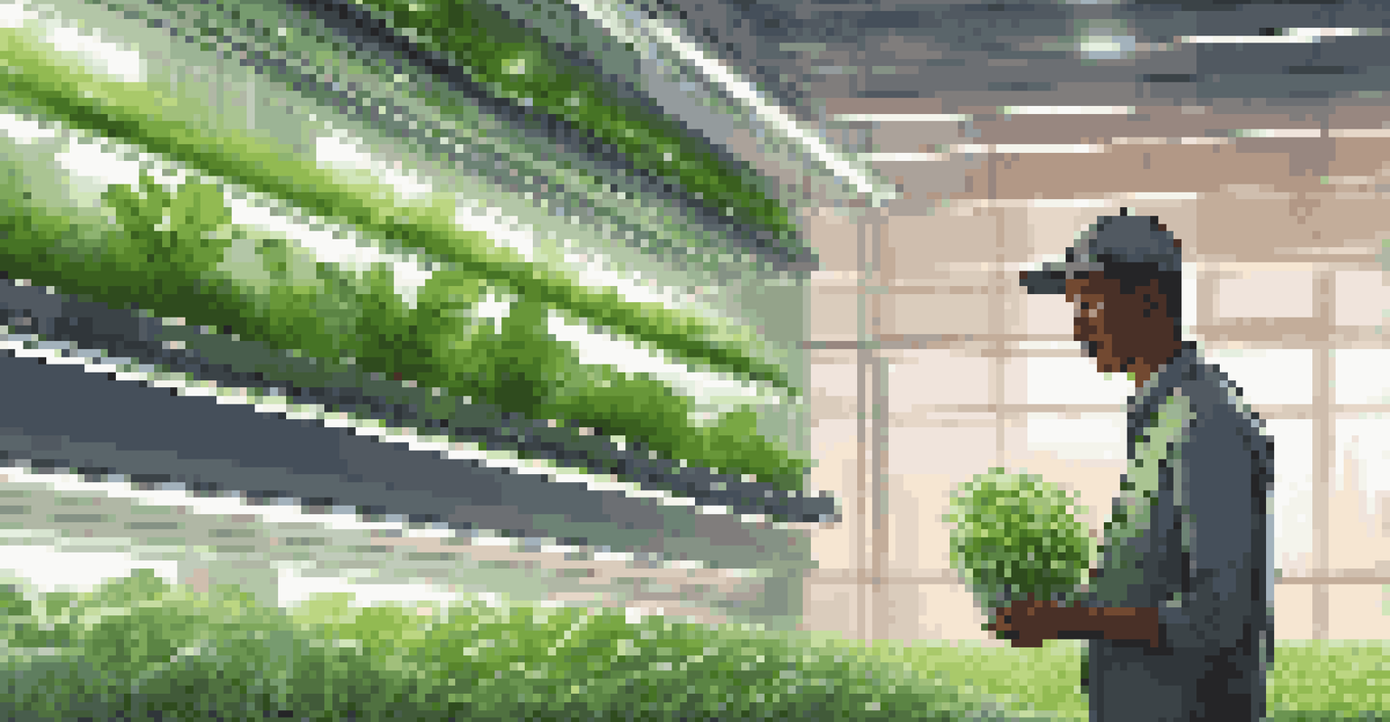 A modern vertical farm with green plants growing under LED lights, showcasing a farmer tending to the crops.