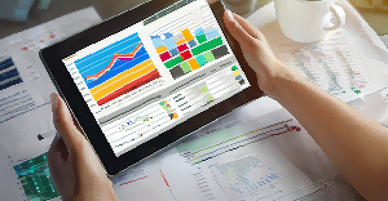 A close-up of a hand using a digital tablet showing investment graphs and a coffee cup in the background.