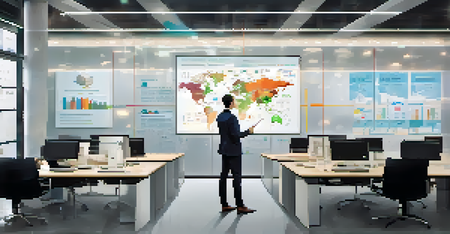 A confident individual presents in front of a wall of infographics, engaging an audience in a serene office environment.