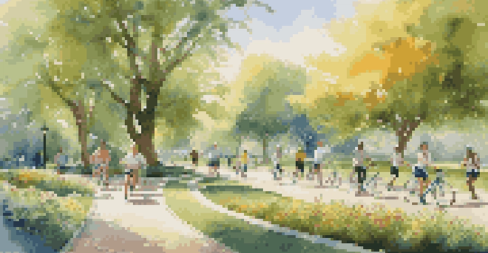 A lively park with people of different backgrounds exercising, including jogging and yoga, surrounded by lush greenery and bright flowers.