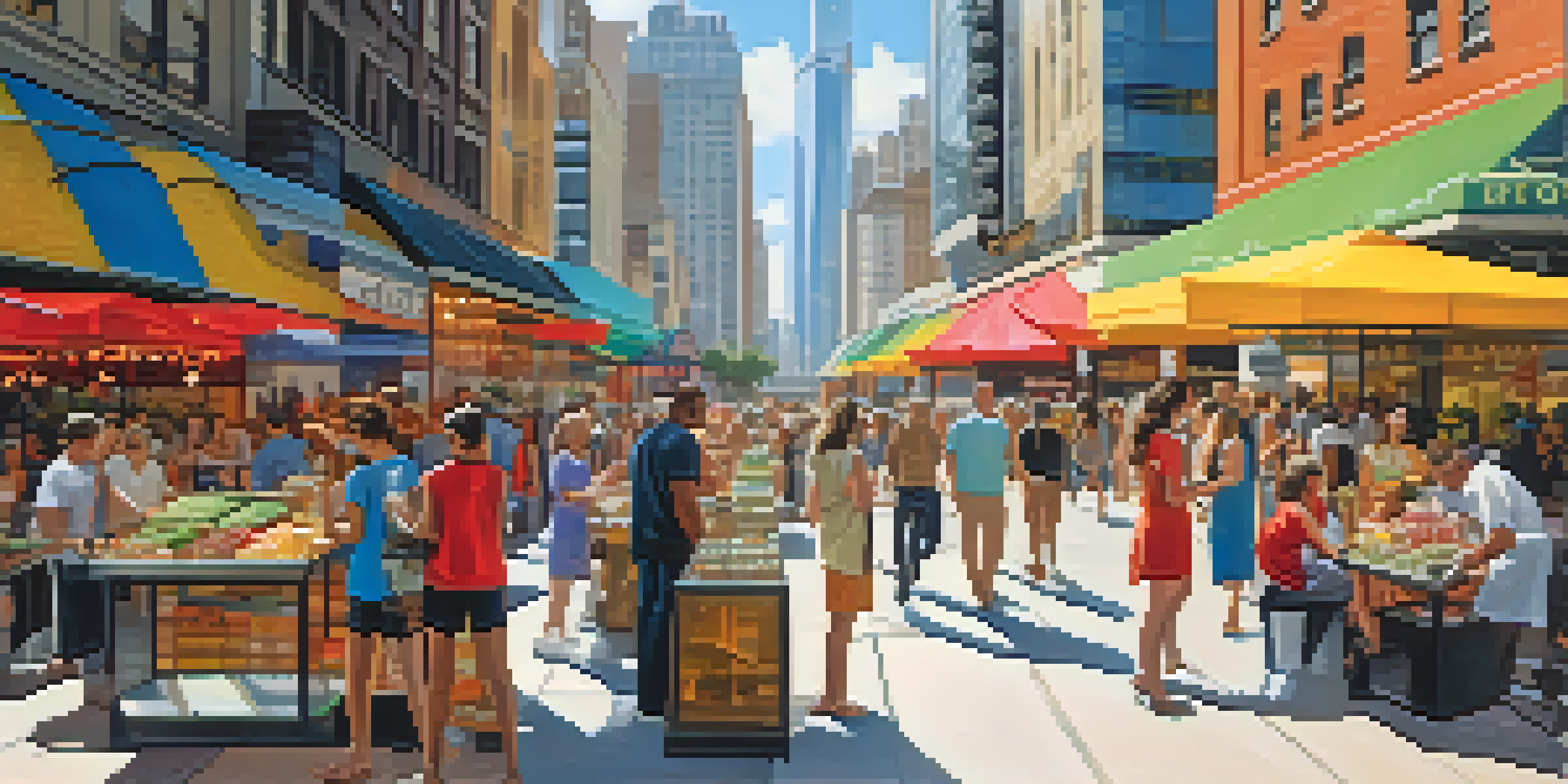 A lively city scene with people shopping and dining outdoors, surrounded by tall buildings and a clear sky.
