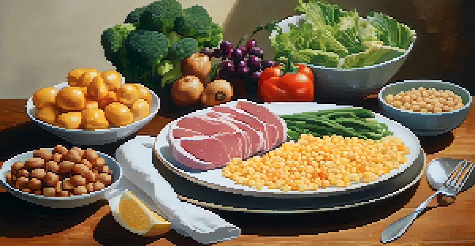 A balanced plate of proteins, carbs, and vegetables on a rustic table, illuminated by warm golden lighting.