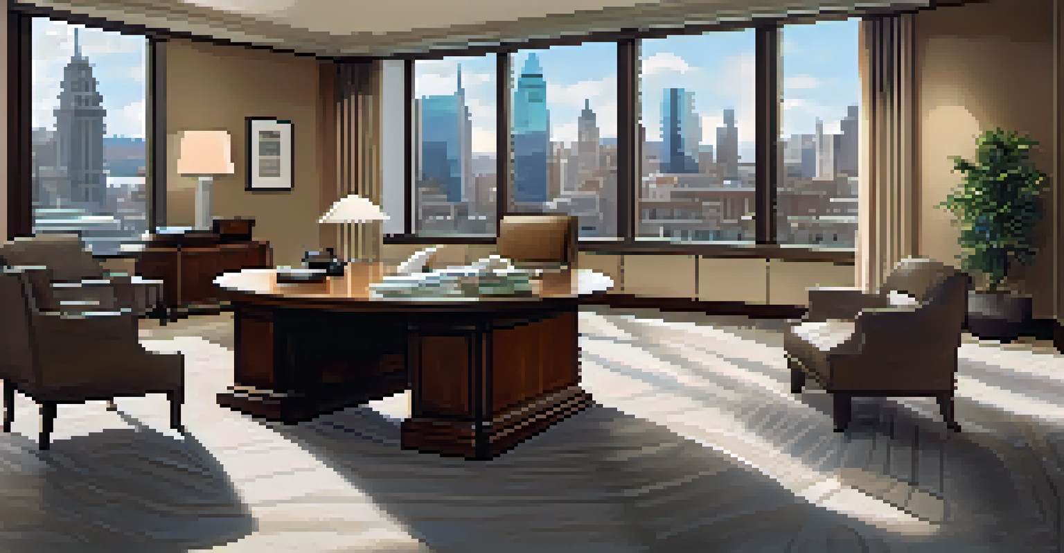 A cozy financial advisor's office with a round table, comfortable chairs, and a bookshelf, creating a professional atmosphere.