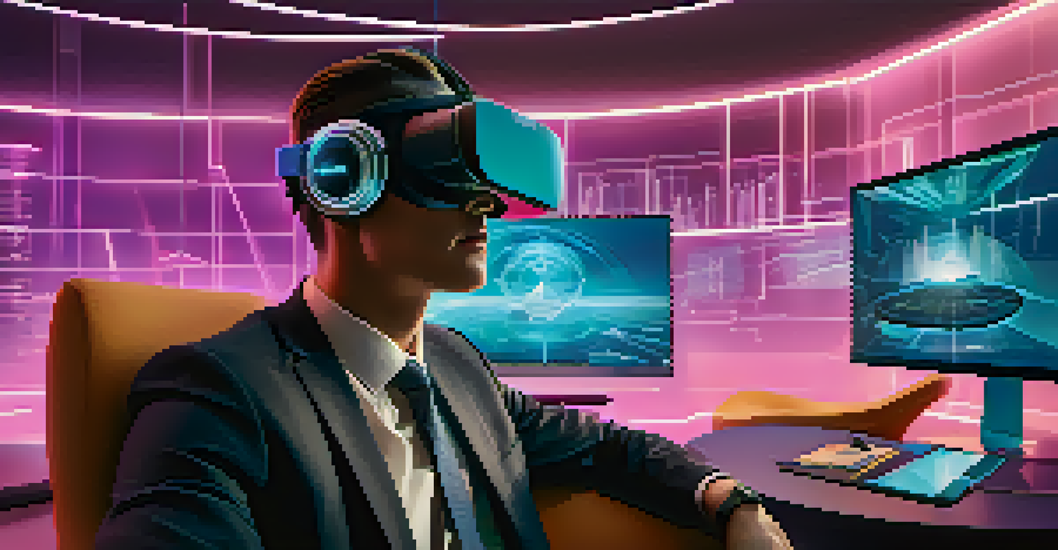 A financial advisor using virtual reality technology with holographic charts, engaging a client in a high-tech office setting.