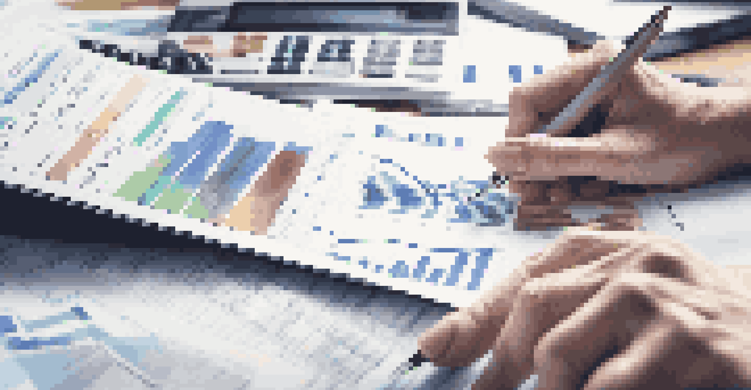 Close-up of hands analyzing financial documents and cash flow statements on a table with a calculator and laptop in view.