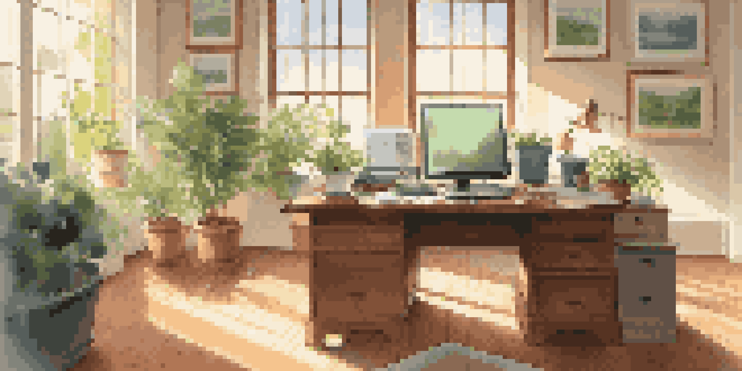An office space with a wooden desk, financial documents, a laptop showing graphs, sunlight filtering through the window, and plants in the background.
