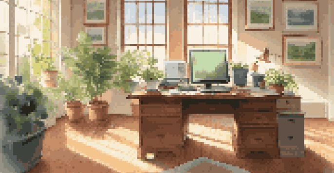 An office space with a wooden desk, financial documents, a laptop showing graphs, sunlight filtering through the window, and plants in the background.