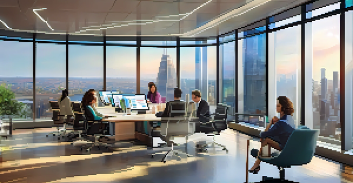 A modern finance office with large windows, showcasing diverse professionals discussing analytics in a bright and collaborative environment.