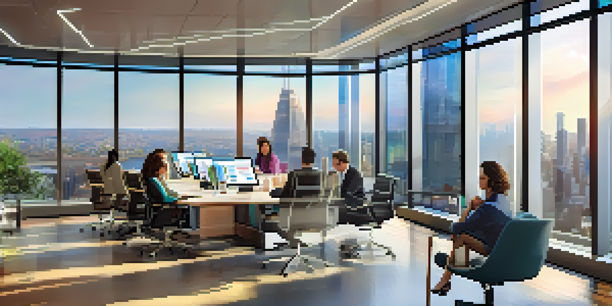 A modern finance office with large windows, showcasing diverse professionals discussing analytics in a bright and collaborative environment.