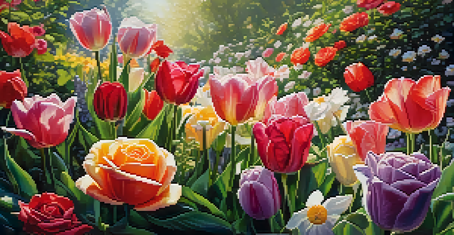 A close-up view of a blooming garden with various colorful flowers, including roses and tulips, glistening with dew in the morning light.