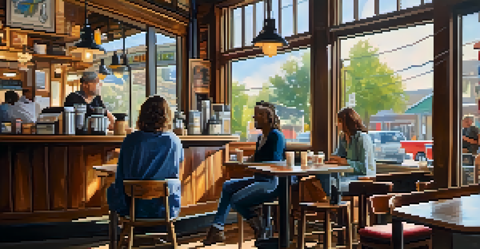 A cozy coffee shop filled with customers, featuring rustic furniture and a friendly barista serving coffee.