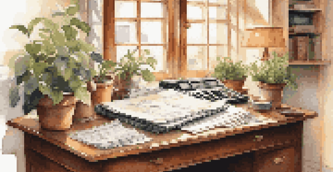 A cozy home office with a wooden desk, financial calculator, and organized documents, illuminated by warm sunlight.