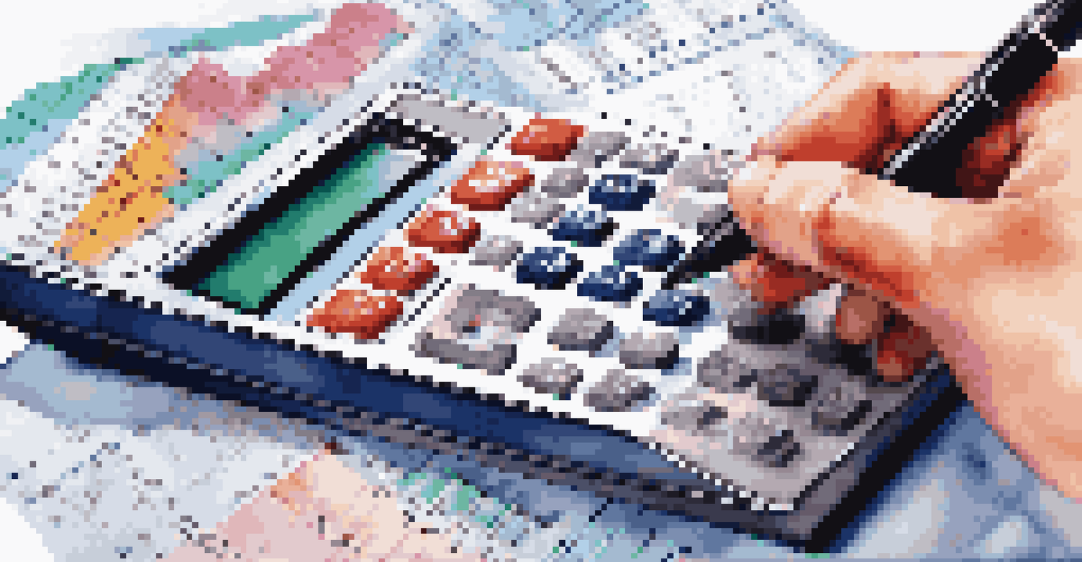 Close-up of hands using a calculator with financial graphs and charts in the background.